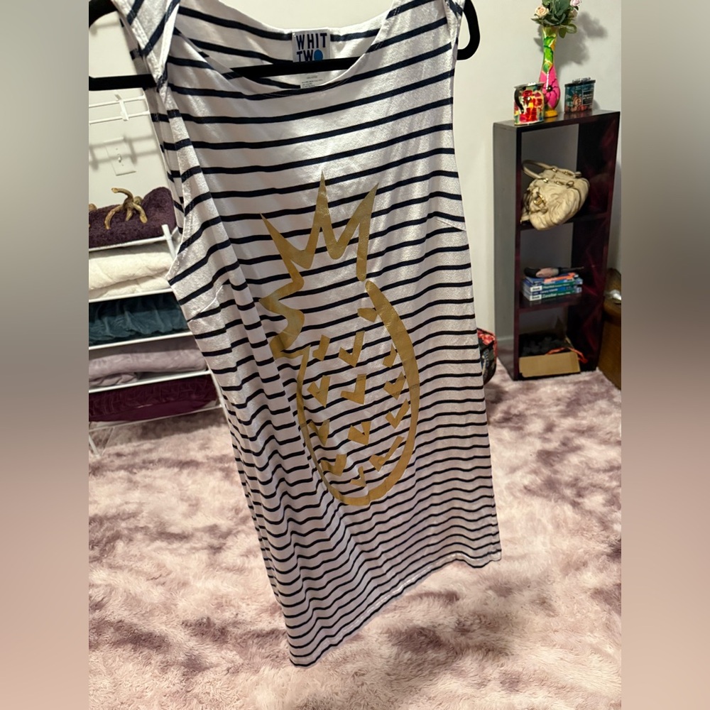 Elegant Black and White Striped Maxi Skirt with Gold Pineapple